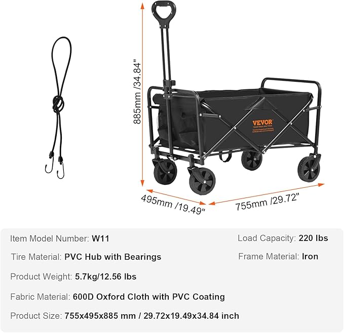 VEVOR Collapsible Folding Wagon Cart, 220lbs Heavy Duty Wagons Carts Foldable with Wheels, Outdoor Portable Garden Cart Utility Wagon for Groceries Camping Sports with Large Capacity & Drink Holder