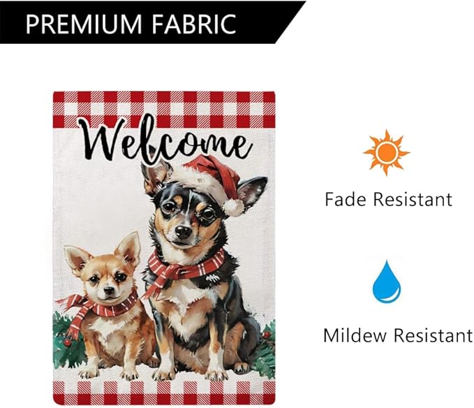 Christmas Dogs Garden Flag with Santa’s Hat Design Double Sided Farmhouse Welcome Decorative Small Burlap Flags 12.5 x 18 Inch for Winter Holiday Christmas Season Decor (Red)