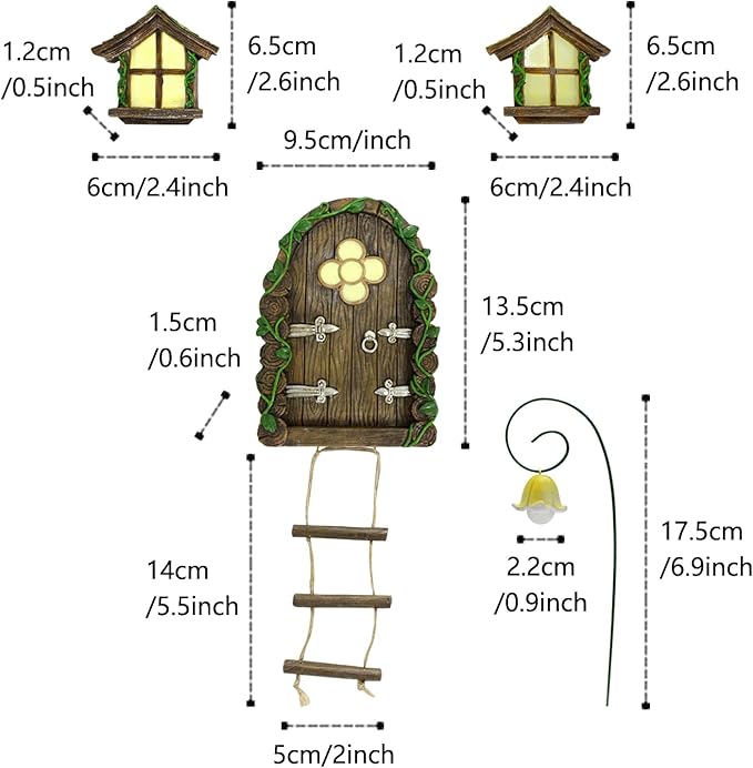 Fairy Door and Windows Garden Kit Accessories Outdoor, Glow in Dark Gnome House for Tree, Lawn Yard Art Sculpture, Miniature Garden Decor (Ladder)