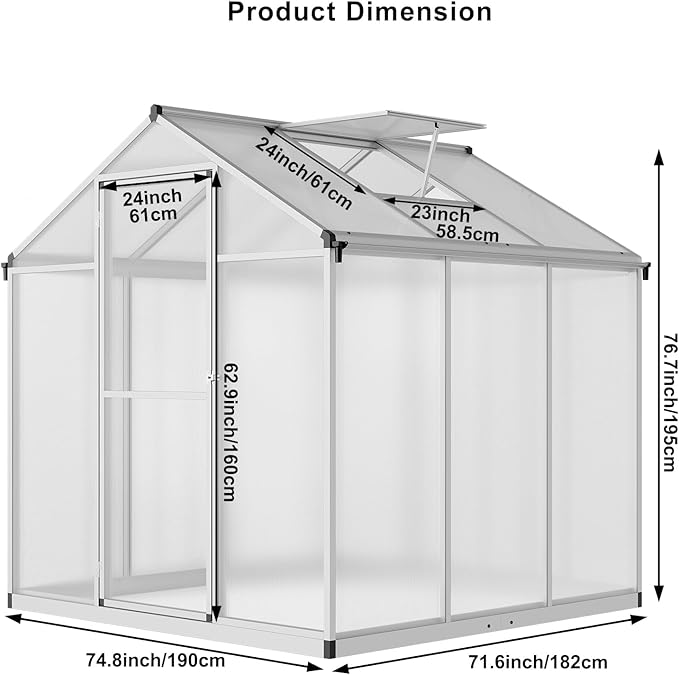 6 x 6.25 FT Greenhouse for Outdoors, Polycarbonate Greenhouse with Aluminum Frame, Lockable Door and Roof Vent, Large Walk-in Green Houses for Patio Garden Backyard Outside, Silver