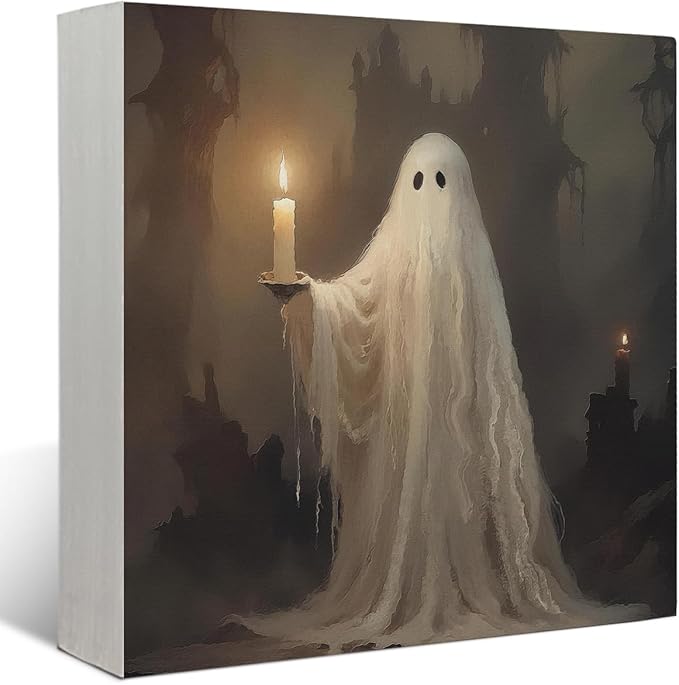 Mtrgdn Cute Halloween Decor,Spooky Ghost Desk Decor Wooden Box Sign,Halloween Home Office Kitchen Bathroom Bedroom Coffee Bar Party Table Shelf Wall Decorations,5x5 Inch