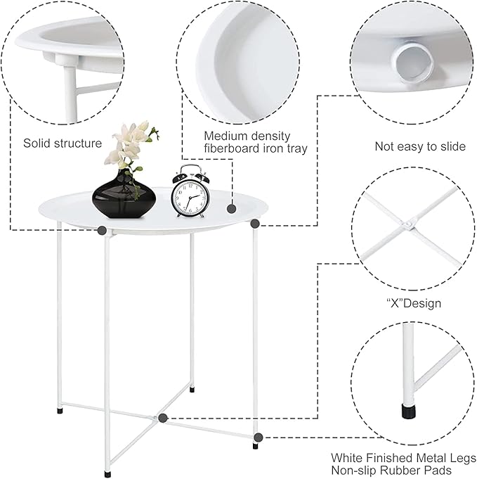 Garden 4 you End Table Metal Side Table Round Folding Tray Cyan Sofa Small Accent Fold-able Table, Round End Table Tray, Next to Sofa Table, Snack Table for Living Room and Bed Room,White