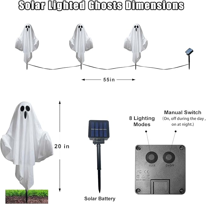 Solar Powered Halloween Decorations, 3 Pack Light Up Ghost Outdoor Path Pathway Kit Walkway Driveway Warm White Led Lights Solar Power Scary Yard Stakes Garden Lawn Decor