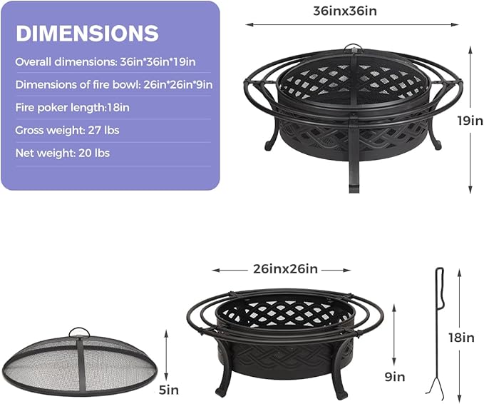 36 Inch Fire Pit with 2 Loops,Crossweave Wood Burning Fire Pits for Outside,with Spark Screen,Fire Poker,Round Outdoor Firepit for Patio,Yard,Garden,Camping,Bonfire(36''Black)