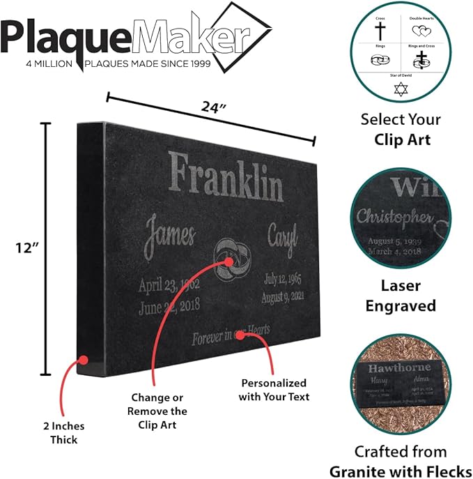 PlaqueMaker Black Granite Memorial Headstone for Two Lost Loved - Great for Your Garden, Tree Dedication, or in a Cemetery. Includes Your Text and Select Clipart (24 x 12 x 2)