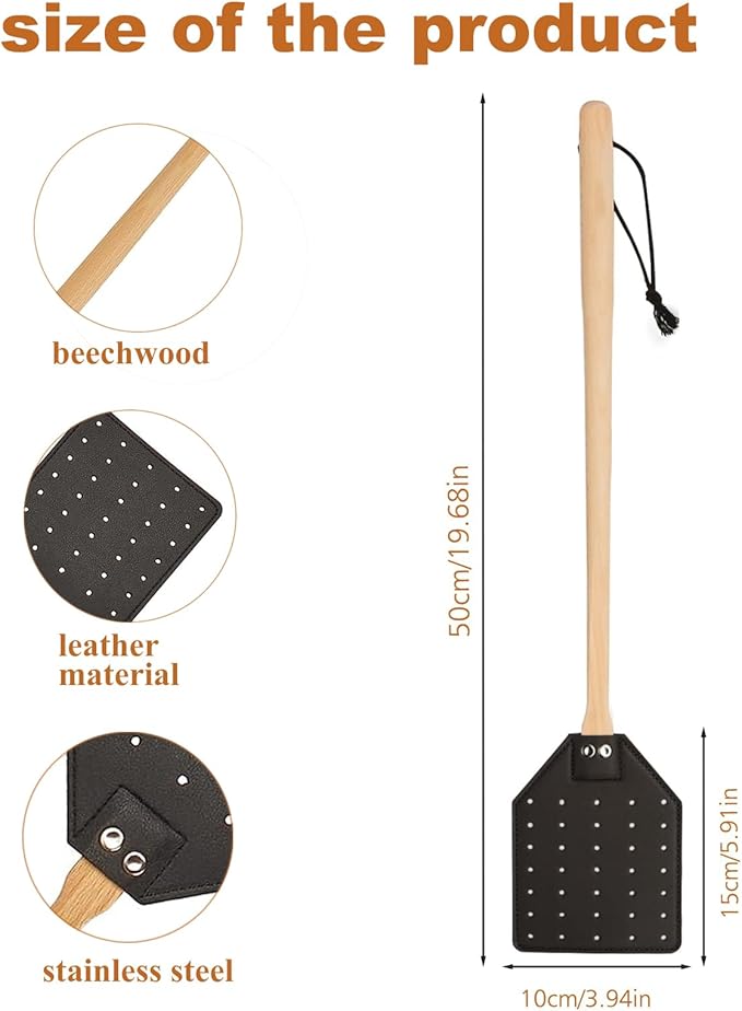 Heavy Duty Leather Fly Swatter, Long Handle Fly Swatter with Beech Wood Handle 19.7" Length, Flyswatter for Indoor and Outdoor (Black)