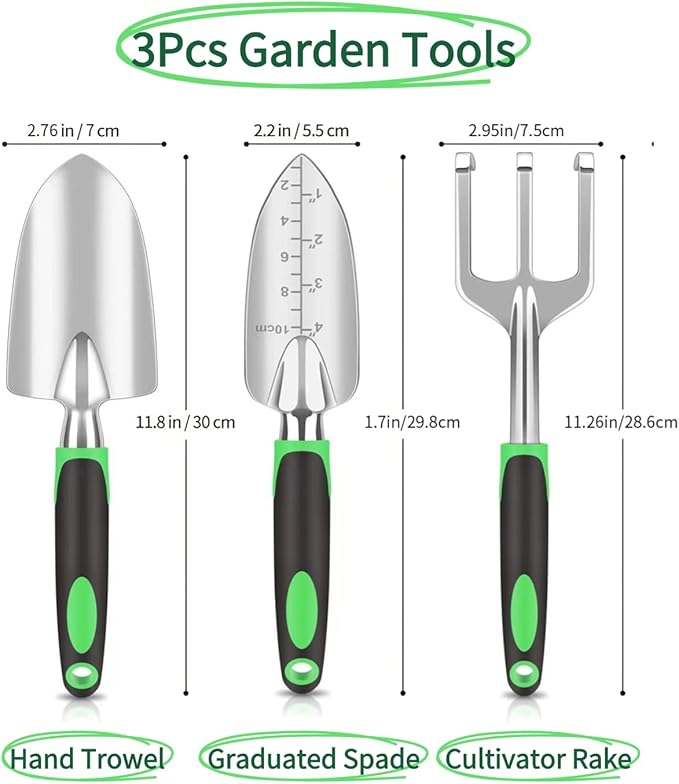 3Pcs Garden Tools, Heavy Duty Cast-Aluminum Garden Tool Set with Hand Trowel, Transplant Trowel, Cultivator Rake, Soft Rubber Ergonomic Non-Slip Handle, Ideal Gardening Gifts for Home Gardeners