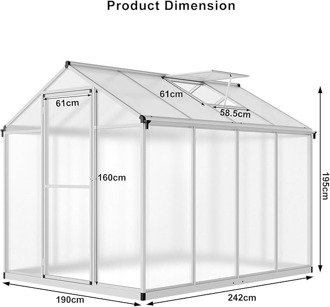 Greenhouse, 6.25x8 Ft Quick-Assembly Green House, Aerospace Aluminum & Shatterproof Polycarbonate with 24" x 23"Roof Vent for Patio/Garden, White