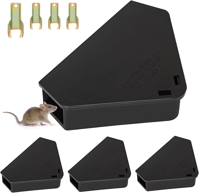 Mouse Station with Keys Black 4 Pack, Key Required Mouse Stations, Mice Stations, Keeps Children and Pets Safe Indoor & Outdoor