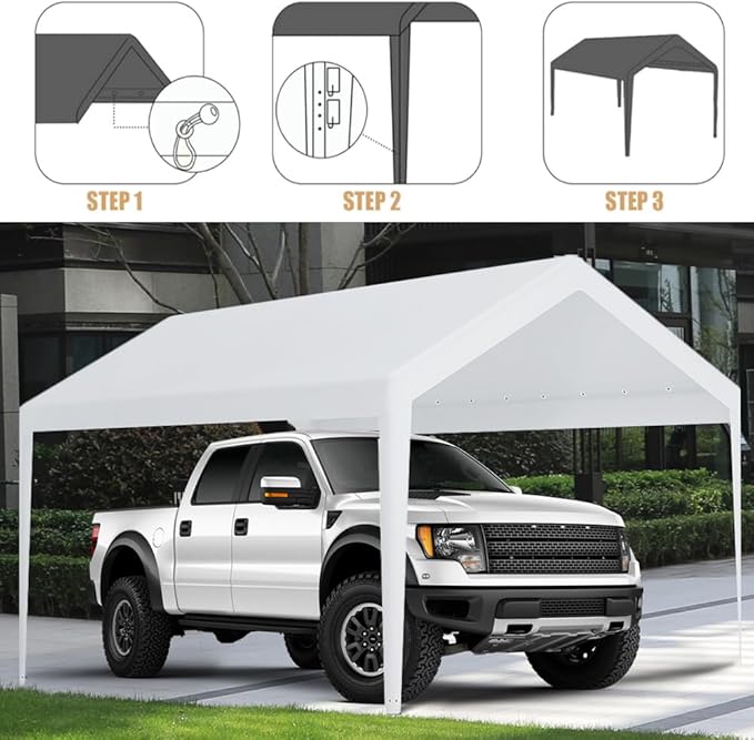 Carport Replacement Canopy, Replacement Top Cover for 10' x 20' Carport Frame, 180G PE Fabric Waterproof & UV Protected Tarp with Ball Bungees, White (Only Top Cover, Frame is not Included)