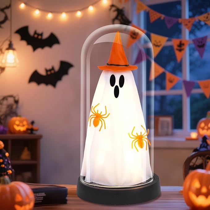 Halloween Decor-Halloween Decorations Indoor-Light Up Ghost in Glass Cloche-Cute Ghost with Light for Home Kitchen Mantel Tabletop Party Decor- Ghost-Orange