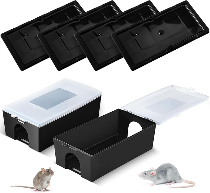 Qualirey 4pcs Mouse Glue Traps with 2pcs Protect Mouse Station, Non-Toxic, Keeps Pets & Children Safe, Glue Board Adhesive Plastic Tray for Snakes, Mice & Spiders, Pest Control for House & Garage