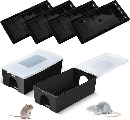 Qualirey 4pcs Mouse Glue Traps with 2pcs Protect Mouse Station, Non-Toxic, Keeps Pets & Children Safe, Glue Board Adhesive Plastic Tray for Snakes, Mice & Spiders, Pest Control for House & Garage