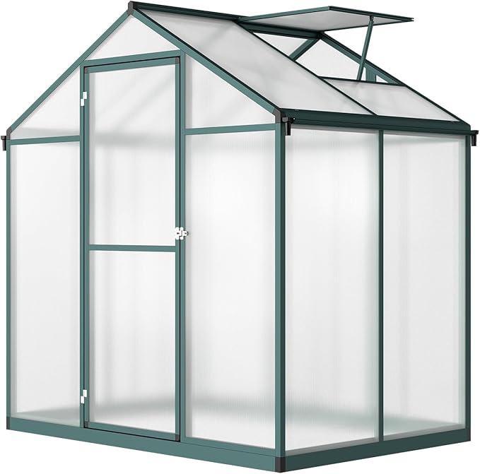 4 x 6.25 FT Greenhouse for Outdoors, Polycarbonate Greenhouse with Aluminum Frame, Lockable Door, Roof Vent and Rain Gutter, Large Walk-in Green Houses for Patio Garden Outside, Green