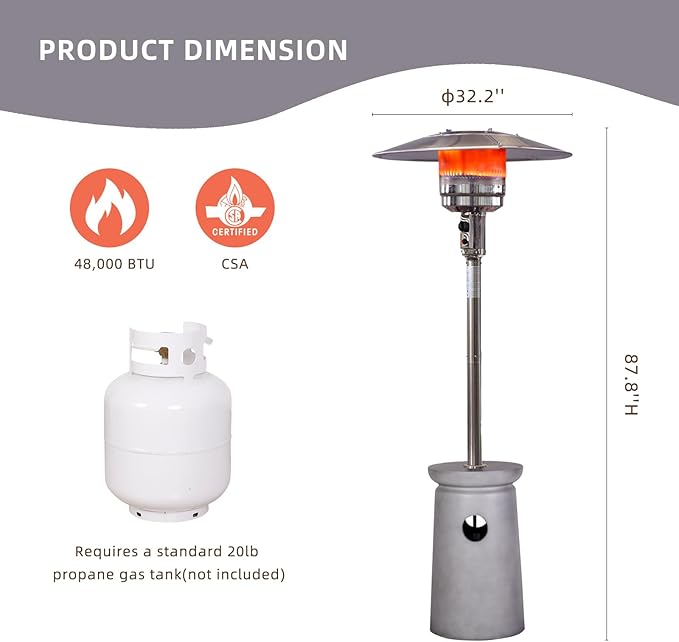 Afterglow 48,000 BTU Outdoor Patio Heater, Terrafab Material Base w Internal Gas Tank, Light Gray