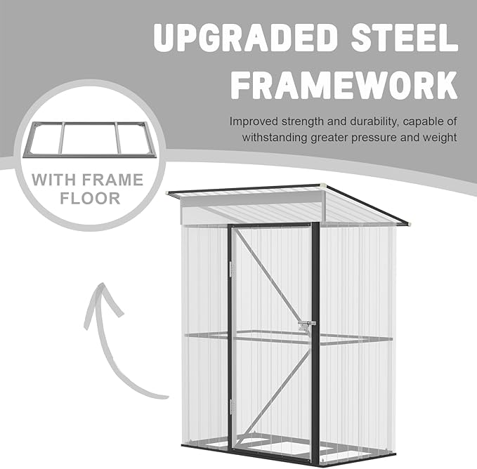 3x5FT Outdoor Storage Shed, Metal Garden Shed with with Floor Base,Updated Frame Structure & Lockable Door, Large Tool Shed for Backyard, Patio,Lawn,Utility & Bike Storage