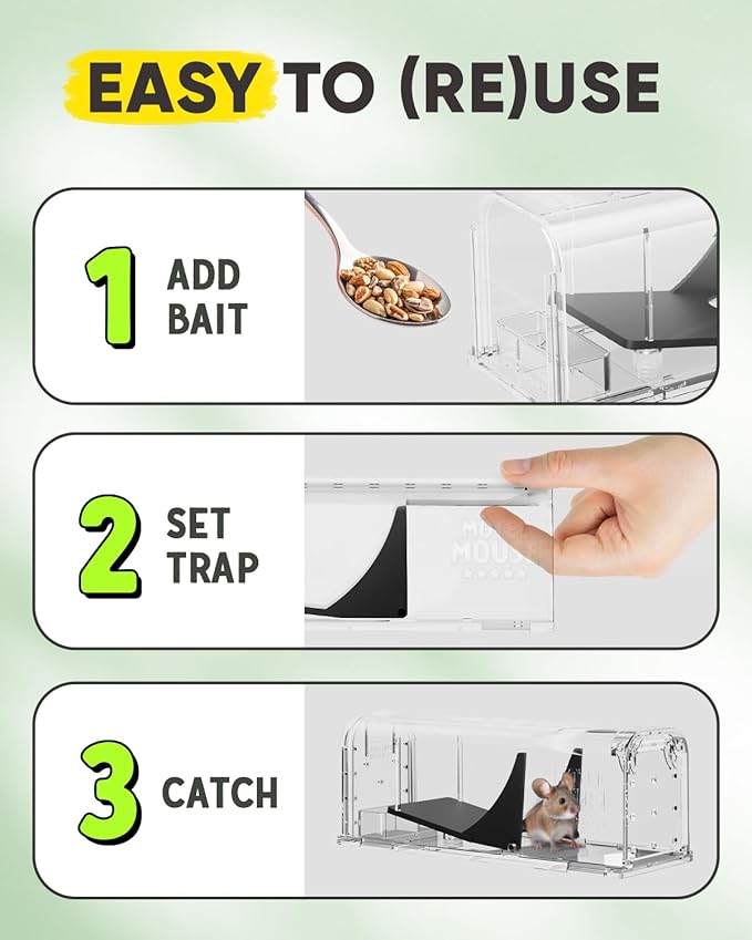 Motel Mouse Humane Mouse Traps No Kill Live Catch and Release 4 Pack - Reusable, Easy to Use & Clean, No Touch Release, Sensitive Includes Cleaning Brush, Instruction Manual & Video - Mousetrap Indoor
