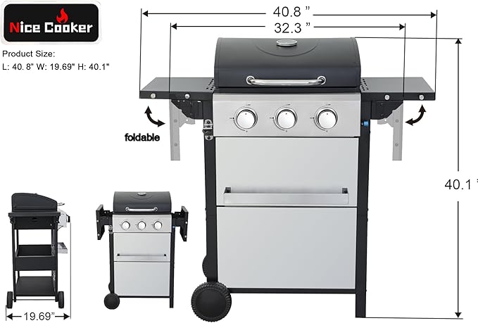 3-Burner Propane Gas Grill with 2 Foldable Side Tables, 25,650 BTU Outdoor BBQ Grill with Porcelain-Enameled Flame Tamers, Built-in Thermometer, Easy Assembly for Patio, Backyard BBQ