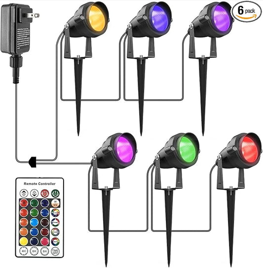 Outdoor Spotlights with Timer, 24W Colored Spot Lights for Yard Landscape Lights IP65 Waterproof Uplights with Spiked Stand for Garden Yard Lawn Pathway Halloween (6 Lights in Set)
