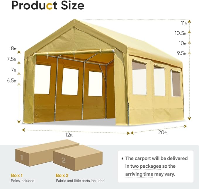 ADVANCE OUTDOOR 12x20 ft Car Canopy Garage Heavy Duty Carport Boat Shelter Party Tent, Adjustable Peak Height from 9.5ft to 11ft, with Removable Window Sidewalls and Doors, Beige
