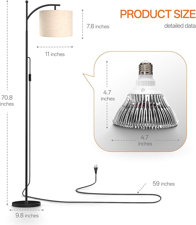 70.8″ Tall Grow Lights for Indoor Plants, 3000K Full Spectrum Plant Light with Stand, Auto On/Off Timer & Adjustable Angle, 25W Non-Dimmable Led Floor Lamp for Plant Growth
