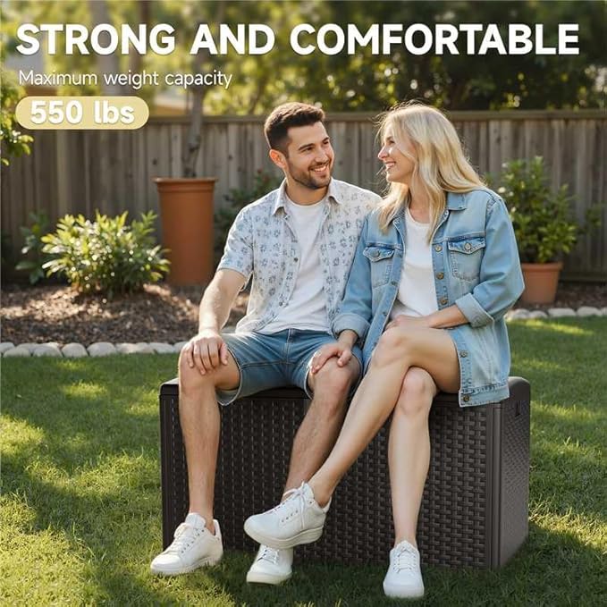 73 Gallon Deck Box, Double Layer Waterproof Resin Outdoor Indoor Storage Box, Lockable & UV Resistant Storage Bin for Patio Furniture, Garden Tools, Pool Accessories (Brown)