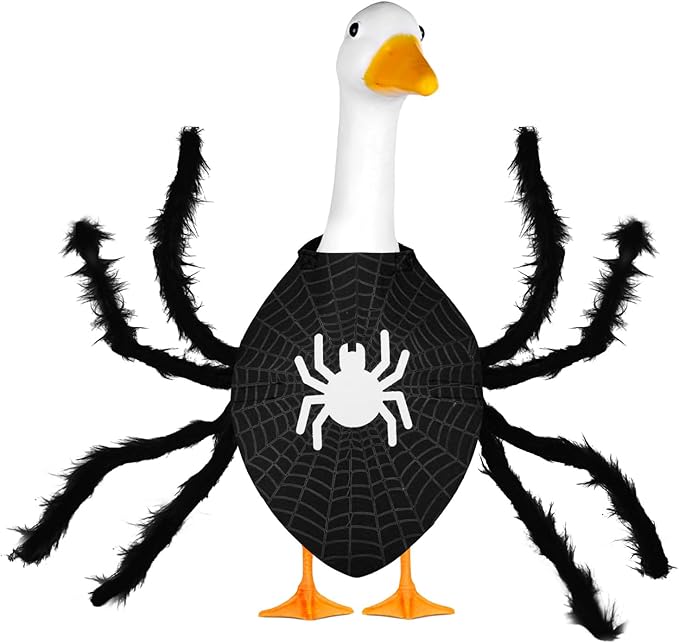 Halloween Spider Porch Goose Outfits 23inch Plastic Cement Goose Statue Costume, Fall Lawn Geese Sculpture Clothes for Garden Yard Patio Party Decoration