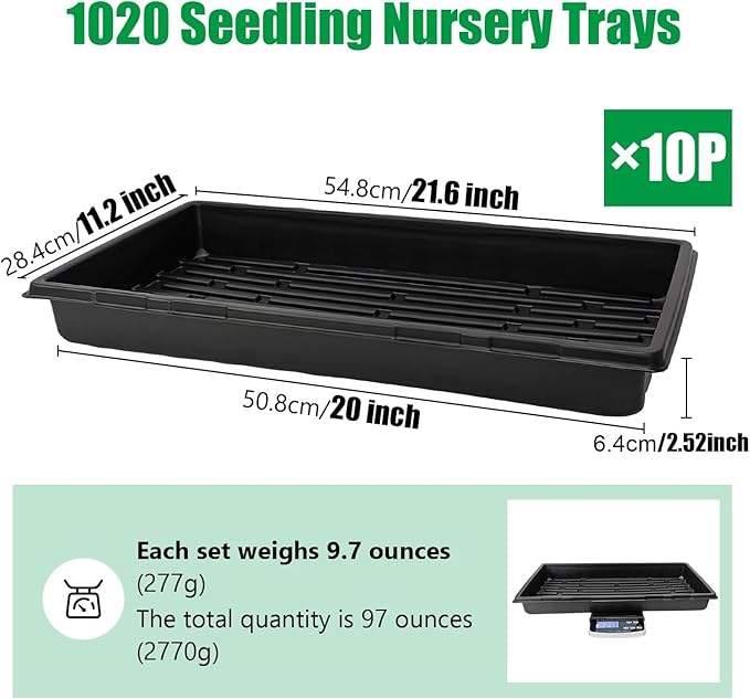 10 Pack 1020 Trays, Extra Thick Heavy Duty Seed Starting Trays - No Holes, No Leak, Reusable Propagation Flats for Microgreens, Seedlings, Plant Germination, Fodder and Transplant