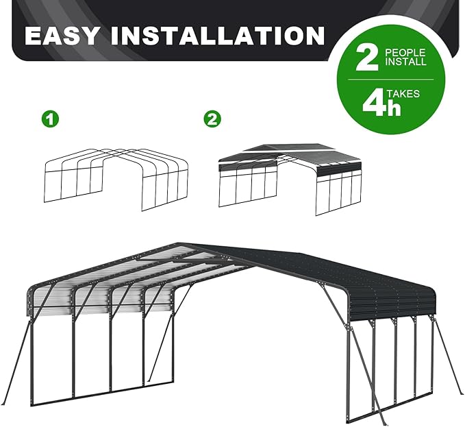 20x20FT 2 Car Metal Carport Kits, Heavy Duty Two Car Ports with Galvanized Metal Roof, Outdoor Garage Double Car Shelter Shade for Car, Boats and Truck (Dark Gray)