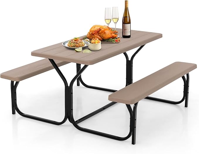Moccha Picnic Table Bench Set, Portable Plastic Picnic Table w/Steel Frame & Wood-Like Texture, All Weather Heavy Duty Picnic Table Kit, Picnic Tables for Outdoors Garden Patio Dining (Light Brown)
