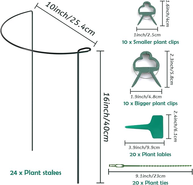24 Pack Plant Support Stake, Half Round Metal Garden Plant Stake, Green Plant Support Ring, Border Support with Plant Lables & Plant Clips for Outdoor Indoor Plants, Vegetable, Flowers