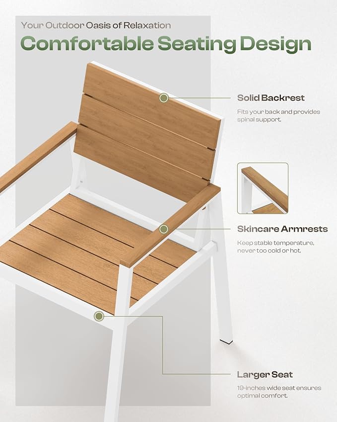 HDPS Outdoor Patio Dining Chairs Set of 2, 350LBS Capacity Aluminum Patio Dining Chairs with Armrests, Weather-Resistant for Lawn, Garden, Yard, Poolside and Indoor Use, White & Teak