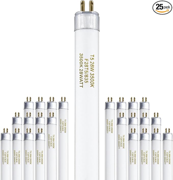 T5 28 Watts Fluorescent Light Bulb, 46 Inch T5 Fluoerscent Tube Compatible with Philips F28T5/835/ALTO, Sylvania FP28/835/ECO, 3500K Soft White Mini Bi-Pin Base G5, 2800 Lumens CRI 85 25 Pack