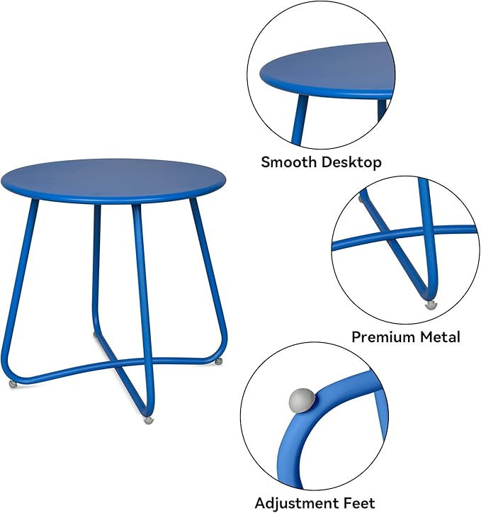 Babion Blue Outdoor Side Tables, Small Outdoor Table, Round Patio Side Table Steel, Small Accent End Table for Patio Yard Garden, Indoor & Outdoor