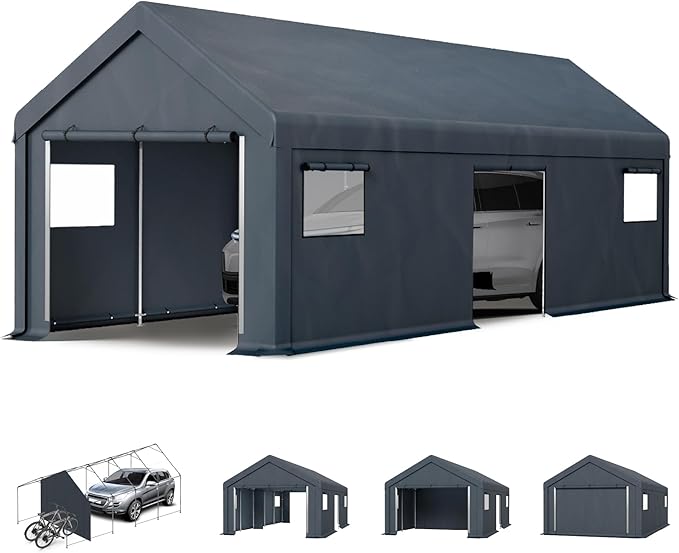 MFSTUDIO Outdoor Carport 13x24 ft, Portable Storage Sheds Shelter Garages Heavy Duty Canopy with Rolled up Zipper Doors and Sidewalls, Outside Utility Shed Garage Car Tent for Boat Truck and Tools