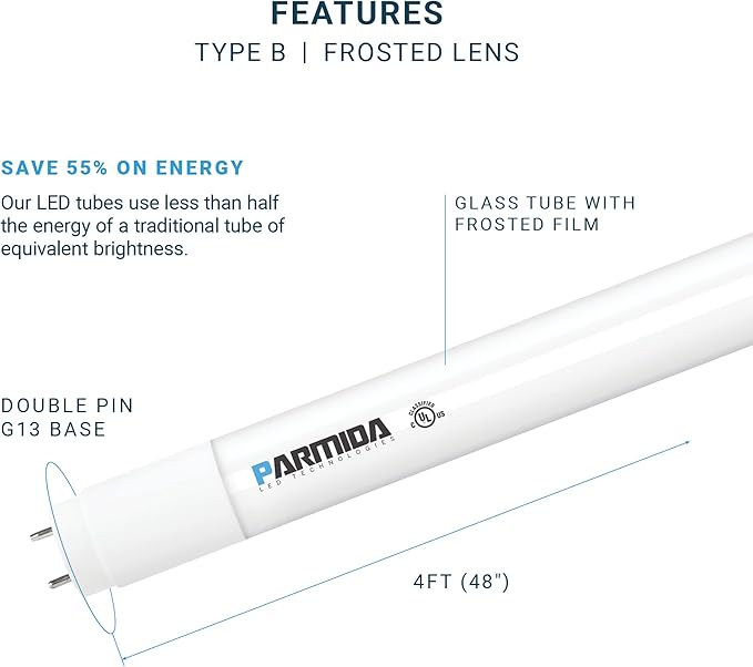PARMIDA 20-Pack 4FT LED T8 Ballast Bypass Type B Light Tube, 24W, UL-Listed for Single-Ended & Dual-Ended Connection, 3000lm, Frosted Lens, T8 T10 T12, UL - 3000K