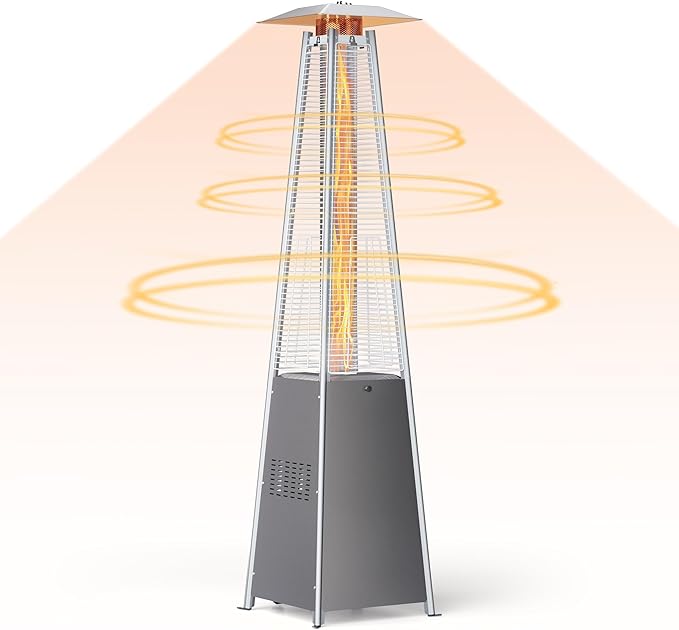 Patio Heater, 48,000 BTU Pyramid Flame Outdoor Propane Heater with Borosilicate Glass Tube, Wheels & Weatherproof Cover, CSA Certified for Backyard, Garden, Porch (Silver Gray)