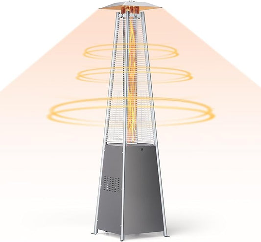 Patio Heater, 48,000 BTU Pyramid Flame Outdoor Propane Heater with Borosilicate Glass Tube, Wheels & Weatherproof Cover, CSA Certified for Backyard, Garden, Porch (Silver Gray)