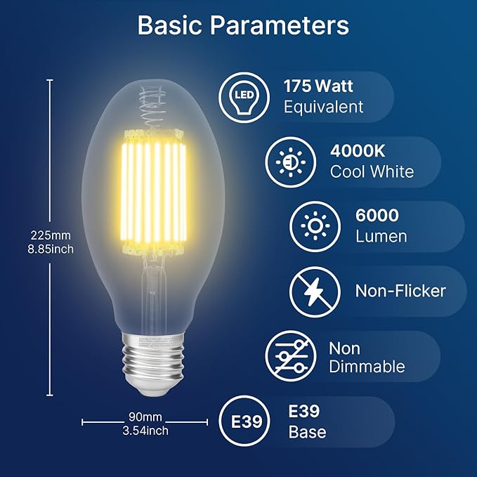 FLSNT ED28 LED Bulb 39W 6000LM, 175W HID Equivalent, 4000K Cool White, E39 Mogul Base, Ballast Compatible Type A, HID-Ready LED, 120-277V via Ballast, Clear Cover, ETL Listed, Non-Dimmable