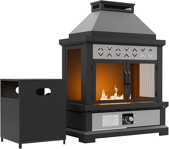 COOS BAY Outdoor Propane Fire Pit 50,000 BTU, Smokelss Gas Fireplace with Locking Mesh Doors and Tank Storage, Adjustable Flame Patio Heater for Deck, Backyard, Black/Gray