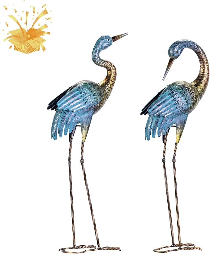 Natelf Garden Crane Statues Outdoor, Standing Blue Heron Decoy Sculptures, Metal Bird Yard Art for Lawn Patio Backyard Decoration(Set of 2)