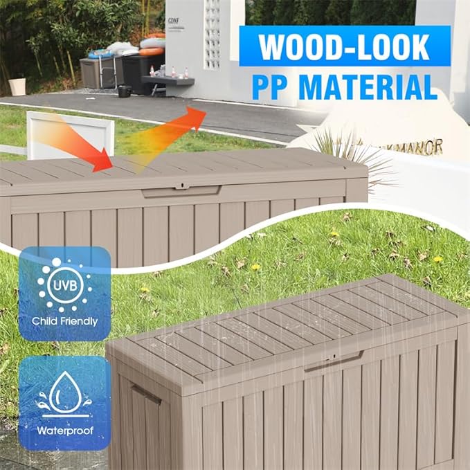 ROJIK Outdoor Storage Housing Deck Box - Waterproof Patio Furniture, Garden Tools, Cushions, Pool Accessories Storage Bench with Lockable Lid and Side Handles (Grey 88 Gal)