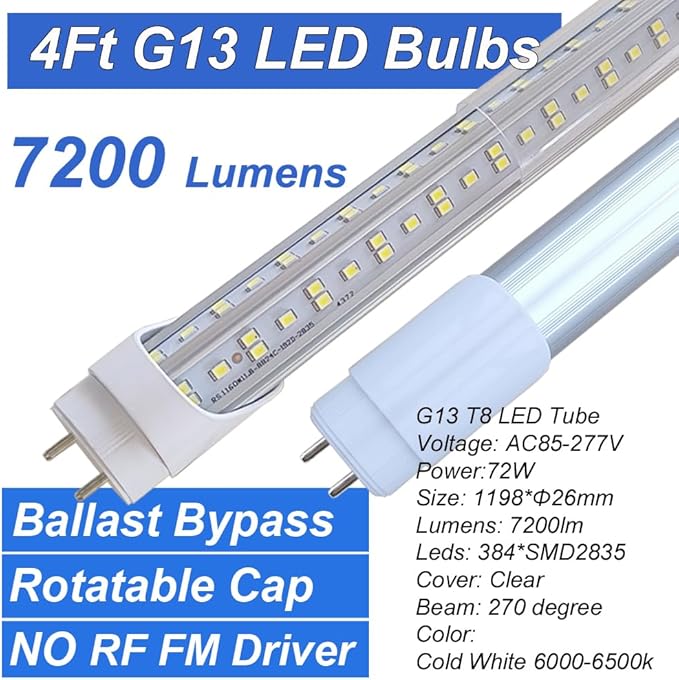 T8 LED Bulbs 4 Foot, T12 LED Replacement 4FT 72W Fluorescent Tube Lights,7200lm 6500K Cool White,2 Bi-Pin G13 Base Type B Tube Lights, Ballast Bypass, Double Ended Power, NO RF FM Driver