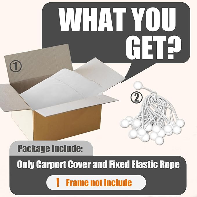 10'x20' Canopy Replacement Cover, Beefull Carport Replacement Canopy for Car Garage, Waterproof & UV Protected Tarp with Ball Bungees, White (Frame is not Included)