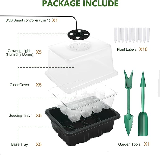 Seedling Starter Trays 5 Packs Seed Starter Tray with Grow Light, Smart Controller Seed Starting Trays Kit with Humidity Dome (60 Cells) Indoor Gardening Plant Germination Trays Black