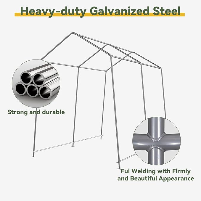 Aoxun 6x8x7 FT Outdoor Portable Storage Shed Tent with Roll-up Zipper Door and Window Portable Carport with Waterproof Tarp Galvanized Steel for Motorcycle, Generator, Bike Storage (Gray)