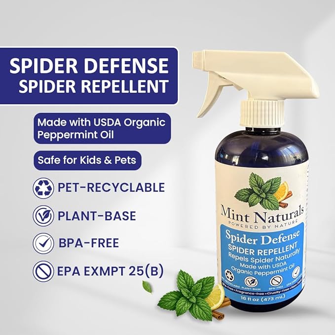 Spider Defense – Natural Spider Repellent Indoor & Outdoor, Peppermint Oil Spray for Home, Cabins, Garages, RVs & Commercial Use – Eco-Friendly Pest Control, 16oz Made in USA