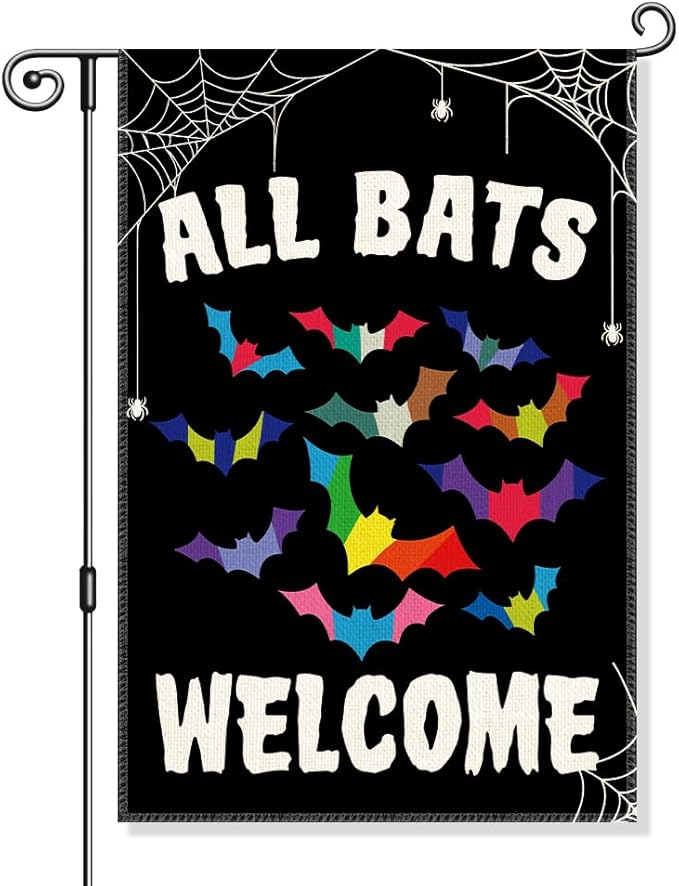 All Bats Welcome Garden Flag, Funny Equality Inclusive Yard Sign for Outside, LGBT Trans Pride Ally Flag, Halloween House Flags, Bat Fall Lawn Porch Outdoor Farmhouse Decor for Family Friend