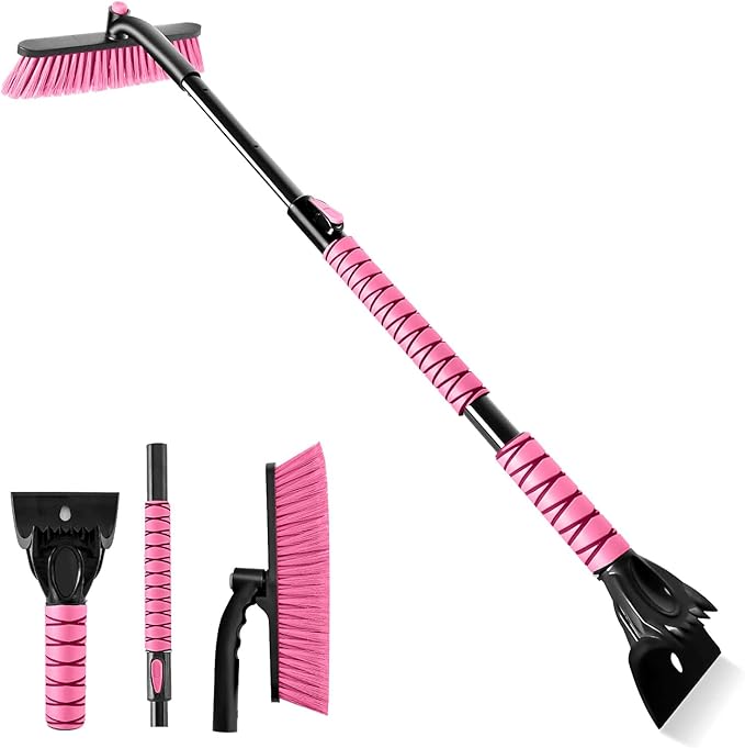 44" Ice Scraper and Snow Brush for Car Windshield with Extendable, 360° Pivoting, Soft Bristle Head, Foam Grip, for Car, Truck, SUV Window Tool (Pink)