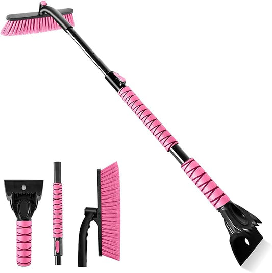 44" Ice Scraper and Snow Brush for Car Windshield with Extendable, 360° Pivoting, Soft Bristle Head, Foam Grip, for Car, Truck, SUV Window Tool (Pink)